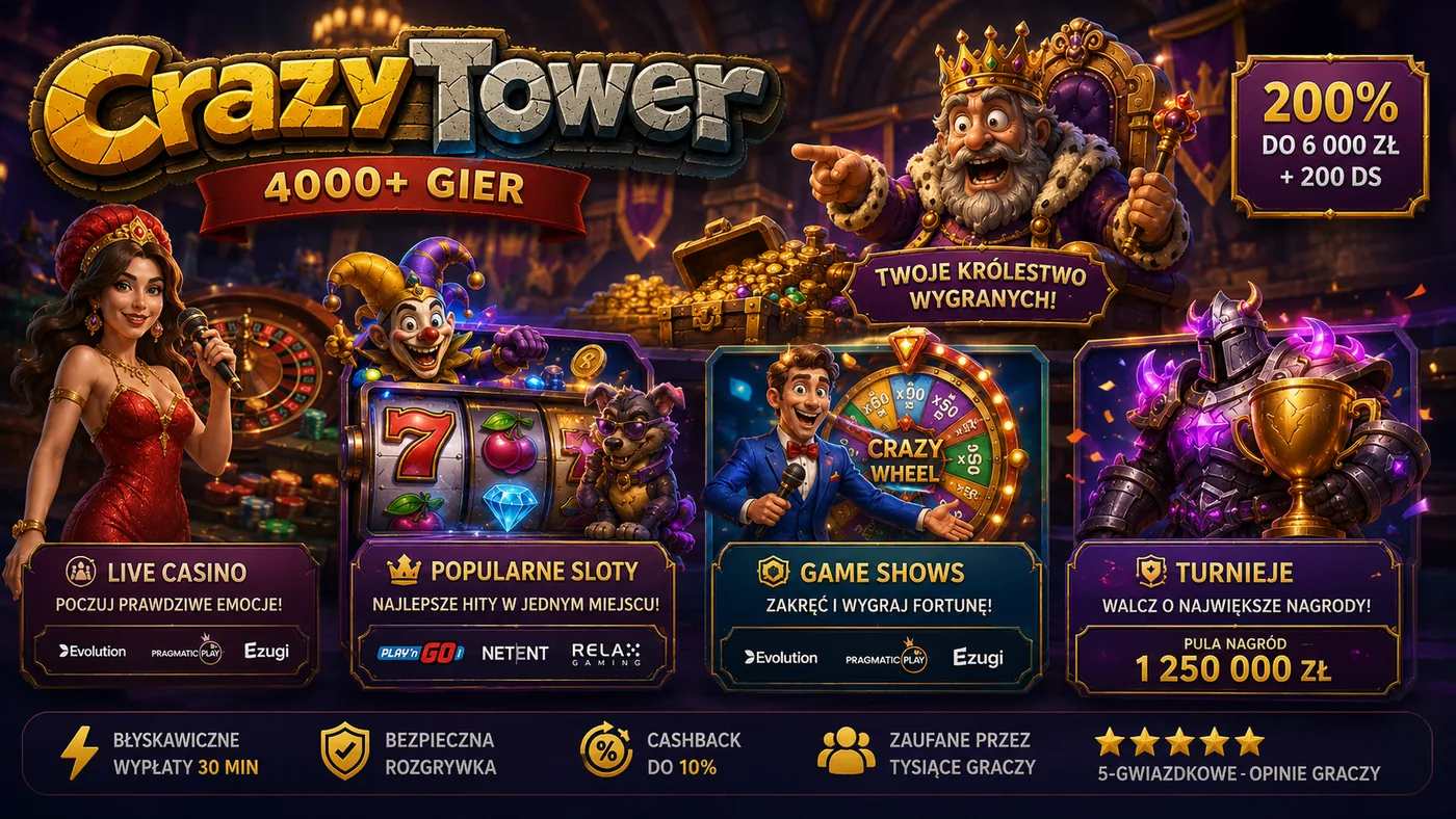 Kategorie gier w Crazy Tower casino — sloty, kasyno na żywo, game show